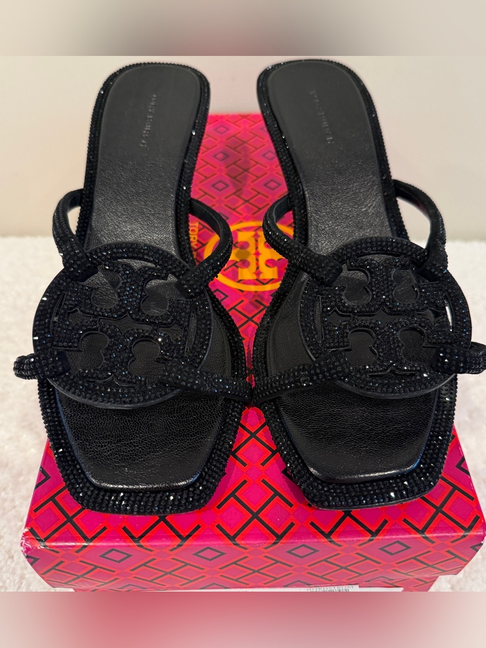 Crystal-Embellished Tory Burch Pave Geo Bombe Miller Low Heel Sandals